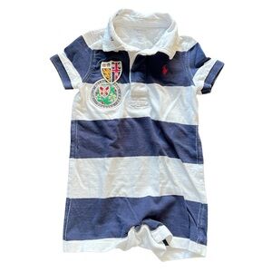 Ralph Lauren Polo Baby Rugby Romper Blue White Striped Size 12 Months Preppy